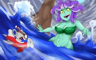 drawing giantess water ocean angry snake open_mouth outdoors bikini_top sharp_teeth green_skin cuphead cala_maria airaplane