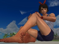 giantess beach barefoot brunette short_hair sitting shrunken_woman looking_down outdoors earrings bracelet hairband digital_render