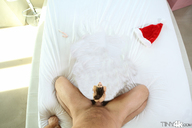 collage long_hair giant male penis sex bed brunette shrunken_woman looking_up indoors point_of_view santa_hat on_penis