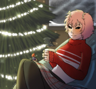 drawing smiling short_hair sitting looking_down indoors sweater blanket christmas_tree mug antennae pink_skin xxxgoom