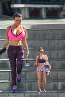 collage large_breasts clothed cleavage short_hair mini_giantess looking_down stairs outdoors water_bottle