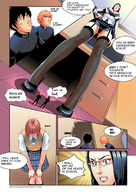 panties upskirt comic black_hair color large_breasts long_hair clothed cleavage glasses red_hair dress short_hair shrunken_men looking_up dialogue panels