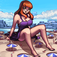 breasts drawing giantess swimsuit beach cleavage glasses brown_eyes red_hair sandals gareit0