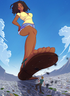 giantess black_hair large_breasts long_hair destruction giant male toes cleavage multiple_sizes sandals surprised shorts looking_down dark_skin looking_up smirking