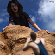 giantess long_hair brunette surprised looking_down outdoors tattoo nail_polish black_nails digital_render