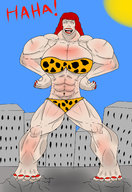 drawing giantess color long_hair buildings giganta red_hair muscles laughing outdoors red_nails nail_polish leopard_print