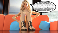 bikini blonde long_hair story sandals looking_down indoors dialogue hands_on_hips under_toes digital_render