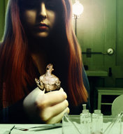 collage long_hair handheld angry red_hair looking_down bathroom indoors screaming