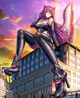 drawing city large_breasts long_hair high_heels fox_ears fox_tail pink_hair boots sitting looking_down outdoors sleeves neptunia