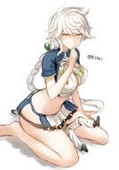 white_hair long_hair butt_crush yellow_eyes ponytail mini_giantess sitting no_background skimpy_clothing kantai_collection