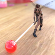 wings clothed fairy brunette gloves short_hair boots shrunken_woman lollipop looking_up indoors digital_render dragging caddyisraddy