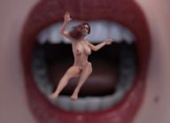 nude vore long_hair scared red_hair open_mouth falling imminent_vore digital_render caddyisraddy