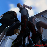 giantess large_breasts clothed short_hair walking unaware shrunken_man looking_down giantesses outdoors bracelet tied_to_shoe