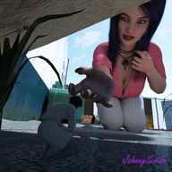 black_hair large_breasts long_hair clothed cleavage smiling bending_over reaching shrunken_man looking_down hiding outdoors necklace digital_render johnnyscribe