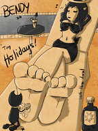 drawing black_hair large_breasts long_hair barefoot skirt massage lying_down foot_worship bikini_top kaytlin-andcie bendy_and_the_ink_machine