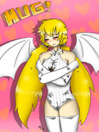 drawing blushing wings blonde long_hair gloves twintails hugging no_background kaytlin-andcie between_breasts