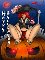 drawing large_breasts bat moon red_hair short_hair sitting under_foot hat skull kaytlin-andcie between_breasts