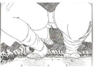 drawing giantess crush panties feet city mega monochrome destruction clothed anime nao unknown_artist squatting thighs japanese_text source_needed