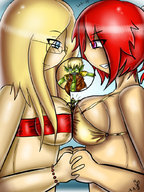 drawing blonde long_hair smiling red_hair short_hair bracelet green_skin skimpy_clothing between_breasts kaytlin-andcielarge_breasts