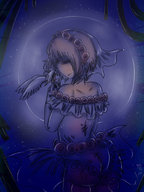 drawing moon short_hair shrunken_man looking_down night belt skimpy_clothing on_hand kaytlin-andcie