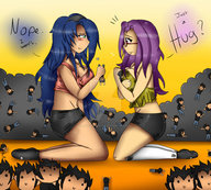 drawing blushing large_breasts long_hair skirt glasses purple_hair blue_hair smiling kneeling shrunken_man dialogue kaytlin-andcie
