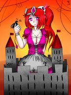 giantess black_hair large_breasts long_hair cleavage castle red_hair ponytail pink_eyes outdoors bow bracelet glowing_eyes archers kaytlin-andcie