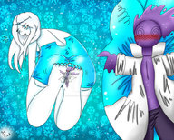 drawing white_hair crush color long_hair butt foot_crush nail_polish looking_back purple_skin stuck_to_foot blue_nails pale_skin kaytlin-andcie circlet