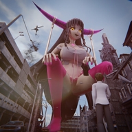 panties horns city black_hair large_breasts long_hair destruction helicopter yellow_eyes squatting looking_down outdoors glowing_eyes digital_render black_sclera