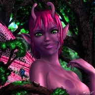 drawing giantess nude wings fairy smiling pink_hair short_hair looking_down outdoors purple_skin pointed_ears antennae