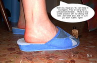 collage nude kneeling sandals shrunken_woman looking_down indoors dialogue slippers sendigiovus