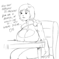 breasts drawing monochrome huge_breasts short_hair sitting shrunken_man leotard dialogue power_girl dc_comics cleavage_window the_atom