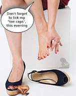 collage foot_worship sitting bending_over shrunken_man red_nails nail_polish rings dialogue discarded_shoes open_toe sendigiovus