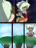 drawing growth giantess blushing blonde comic color large_breasts handheld tree mini_giantess kissing amazon jungle_de_ikou mii_(jungle_de_ikou) octshero
