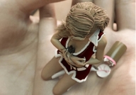 blonde long_hair handheld cleavage multiple_sizes shrunken_woman shrunken_man hugging in_hand skimpy_clothing digital_render between_breasts