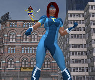 breasts giantess city clothed glasses red_hair bodysuit hotrod5 superheroes digital_render