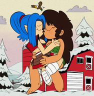 drawing giantess color blue_hair brunette couple ponytail sitting kissing barn lesbians mistletoe cartoon giantesses snow ripped_clothing eagle pointed_ears makeshift_clothing sonson-sensei