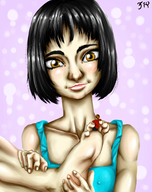 gentle feet black_hair barefoot short_hair shrunken_man between_toes looking_at_tiny 3fy