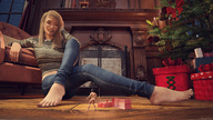 blonde barefoot christmas shrunken_man floor present sorenzer0 looking_at_tiny digital_render blue_jeans