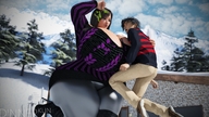 black_hair huge_breasts short_hair mini_giantess sitting mistletoe looking_down snow outdoors sweater digital_render dinner-kun