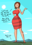 breasts drawing giantess giga city color cleavage high_heels huge_breasts brunette kim_possible medium_length_hair looking_down dark_skin disney bracelet dialogue hand_on_hips thick_thighs caiman2 bonnie_rockwaller