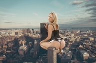 giantess collage city blonde butt destruction high_heels buildings short_hair thong crouching corset looking_back toxiceyegts