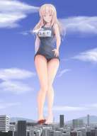 drawing giantess city mega blonde color large_breasts long_hair destruction barefoot yellow_eyes foot_crush hand walking one_piece_swimsuit licking_lips