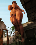 nude blonde large_breasts long_hair barefoot pubic_hair mini_giantess looking_down curvy digital_render navel_ring gtsx3d bare_midriff body_jewelry destroyed_building