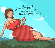 breasts drawing giantess giga city color cleavage huge_breasts brunette lying_down kim_possible medium_length_hair looking_down dark_skin disney bracelet dialogue thick_thighs caiman2 bonnie_rockwaller