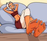 breasts drawing horns alien color armor blue_eyes barefoot foot_worship sitting star_wars shrunken_man looking_down top sofa jj-psychotic red_skin orange_skin togruta bare_midriff ahsoka_tano clone_troopers jedi lekku
