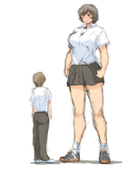 drawing blushing size_difference color brunette short_hair mini_giantess amazon uniform sketch looking_down sneakers bikuta