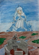 drawing growth giantess white_hair giga color sitting tower mountains river kjl03