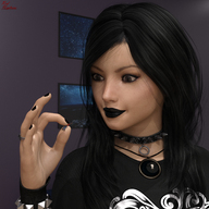 black_hair handheld shrunken_man goth between_fingers looking_at_tiny red-neptune