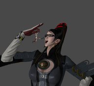 black_hair crossover shrunken_woman open_mouth dangle between_fingers final_fantasy_xiii imminent_vore bayonetta digital_render live--is--life lightning_(final_fantasy)