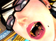 vore black_hair crossover glasses rikku yuna shrunken_woman open_mouth bayonetta digital_render final_fantasy_x-2 slyworks payne